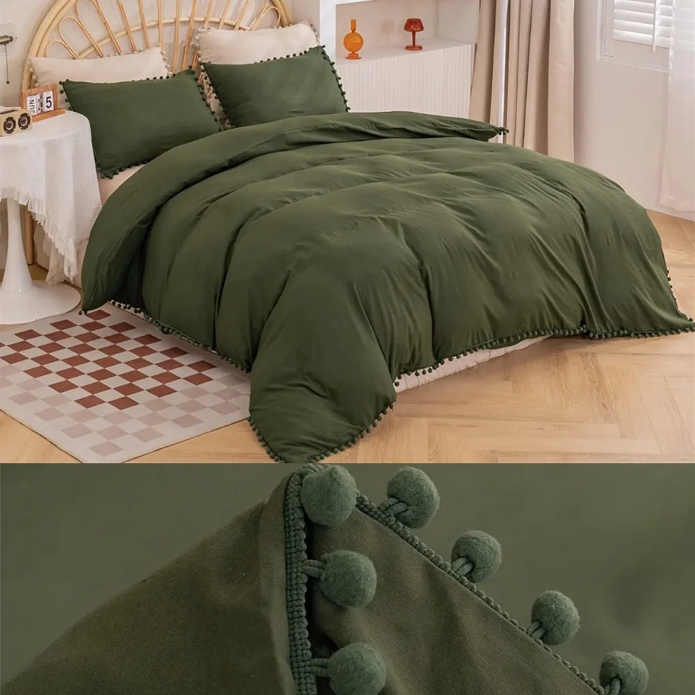 - New OLIVE GREEN Pom Pom Fringe Duvet Cover Set